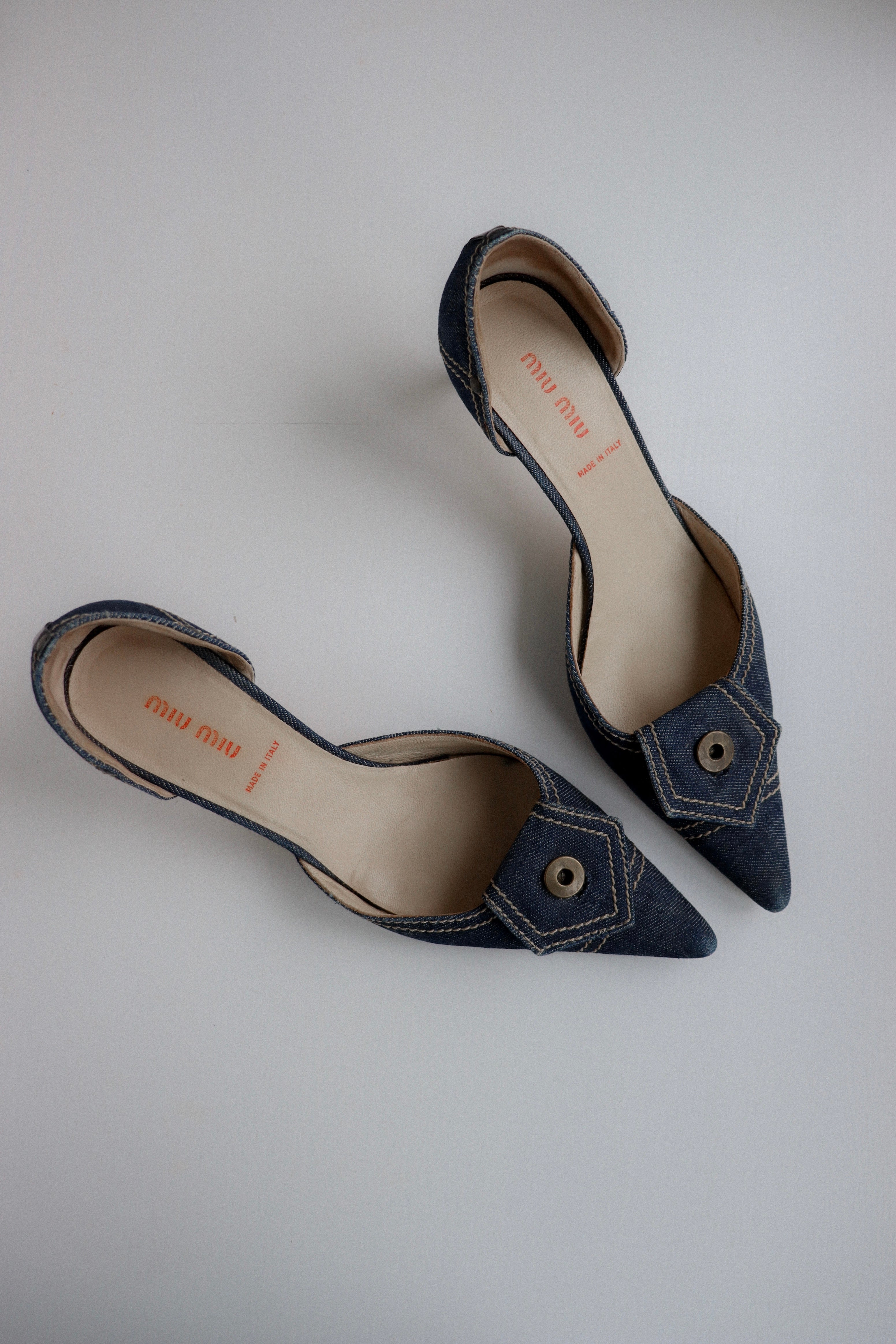 Miu Miu Denim Bow Mules Kitten Heels, 35.5