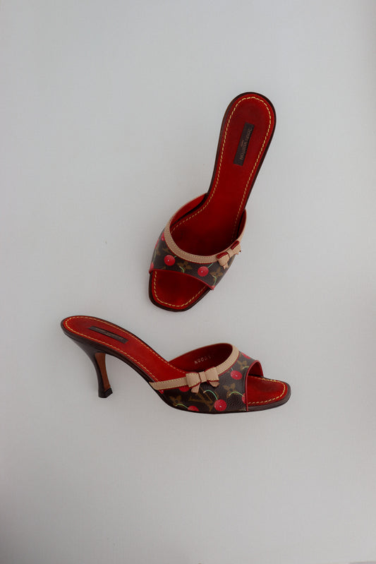 Louis Vuitton Takashi Murakami Monogram Cherry Blossom Open Toe Sandal 38.5  Heel