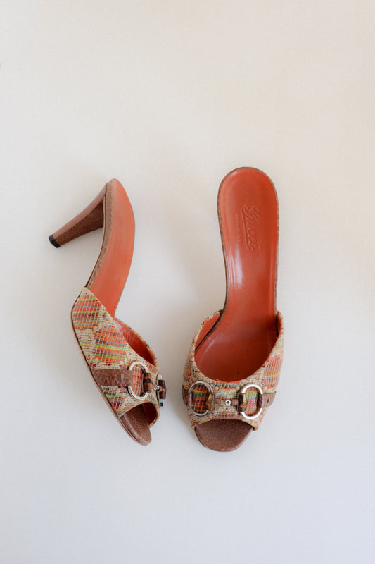 Vintage Gucci Raffia Horsebit Mules 39